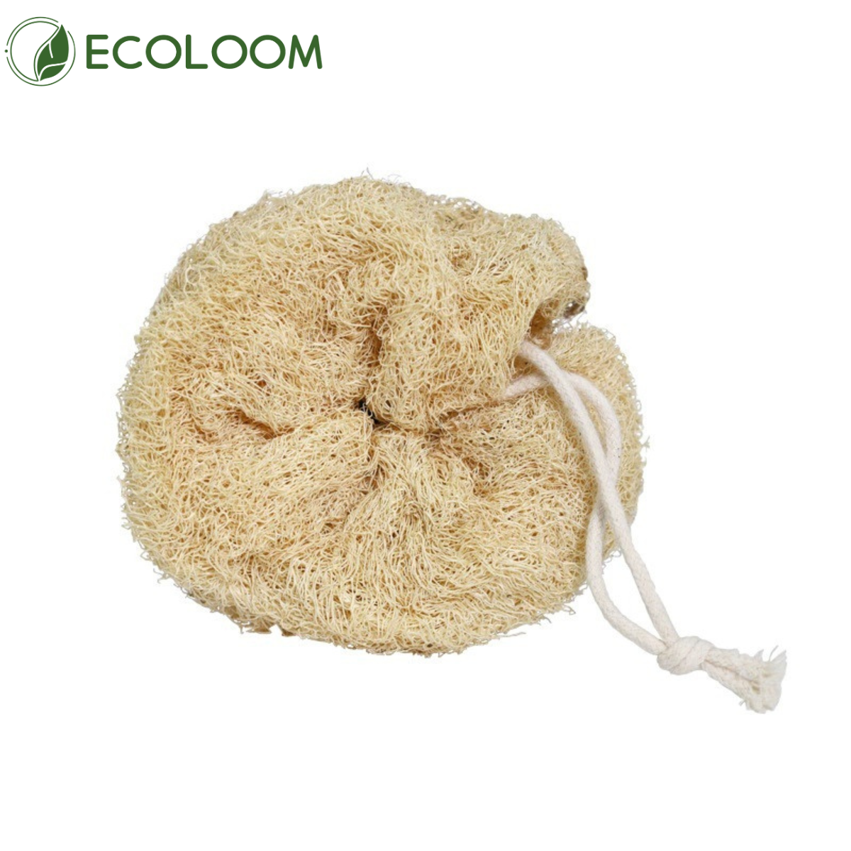 Natural loofah bath puff with cotton rope, plastic-free alternative to shower poufs