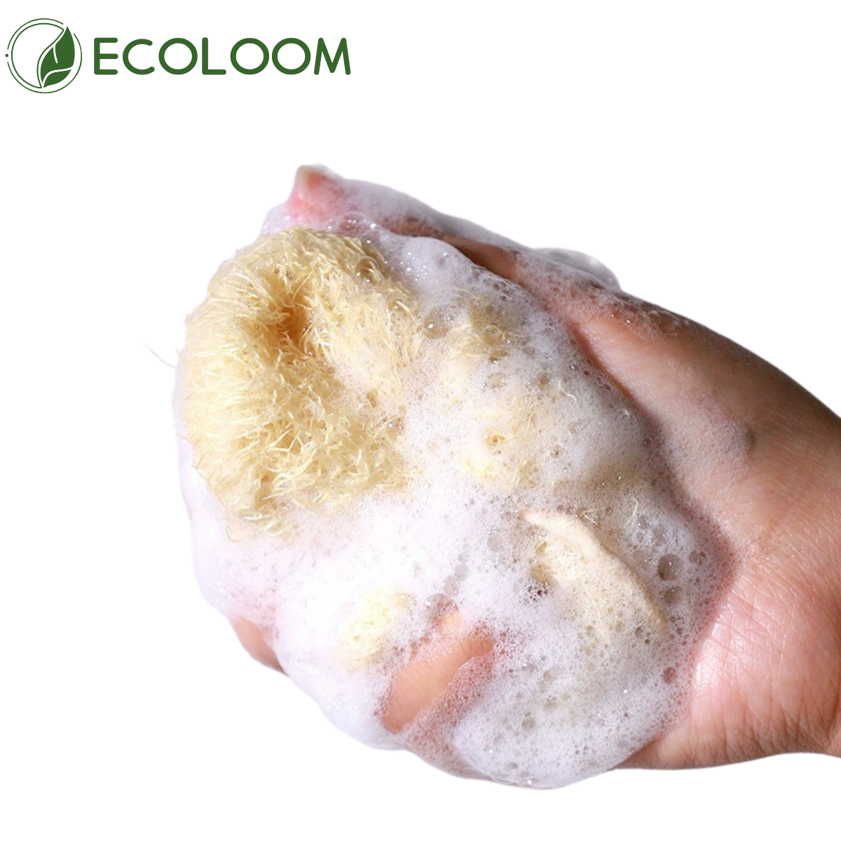 Natural loofah sponge creating rich foam in hand, ideal for eco-conscious bath routine