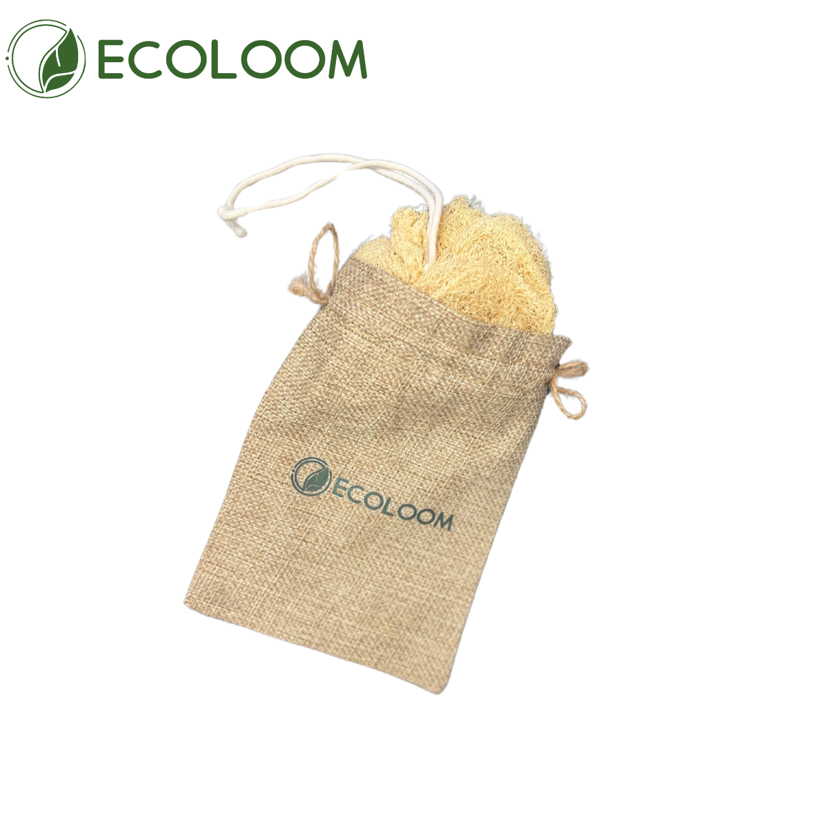 Ecoloom loofah sponge packaged in eco-friendly jute drawstring bag – sustainable shower gift