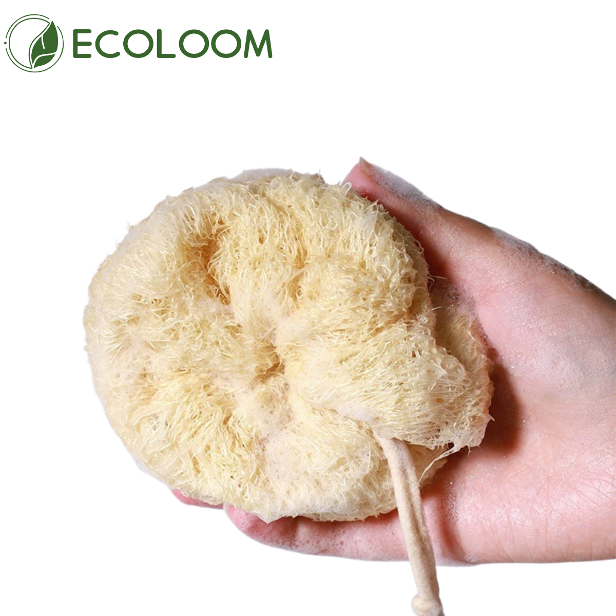 Hand holding a natural loofah bath sponge with subtle lather, eco-friendly and exfoliating